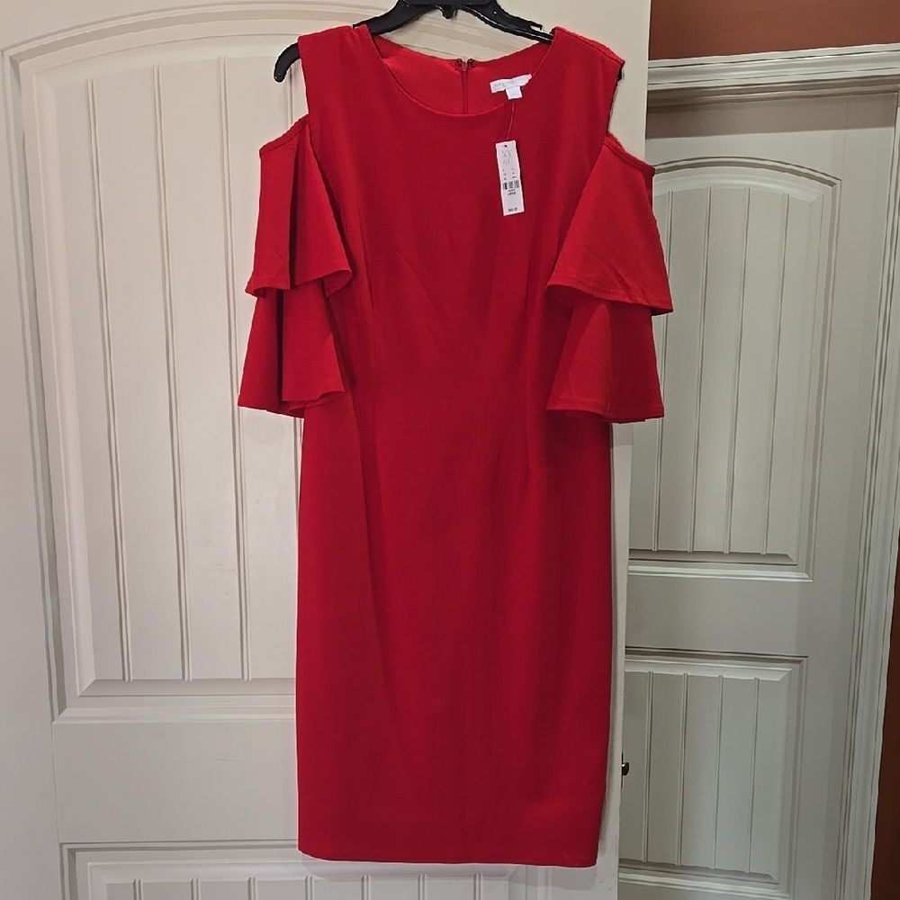 Red Ruffled Tiered Cold Shoulder Midi Dress